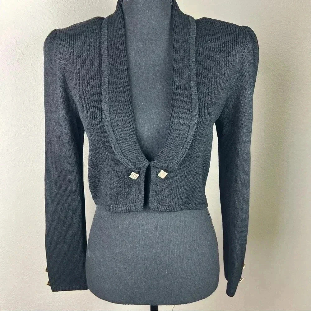 St. John by Marie Gray Women’s Black Knit Cropped Sweater Square Rhinestone